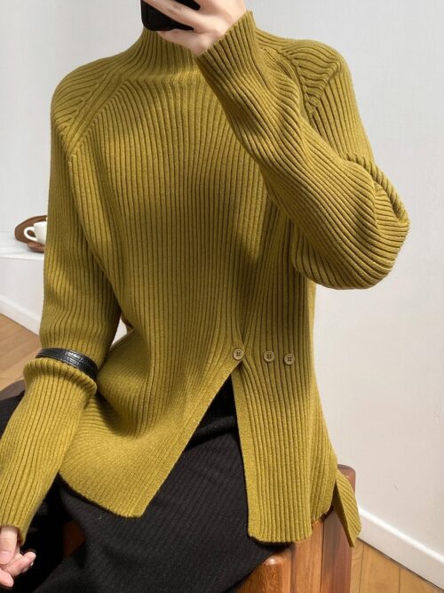 Winter Korean Stand Collar Long Sleeves Split Solid Sweater