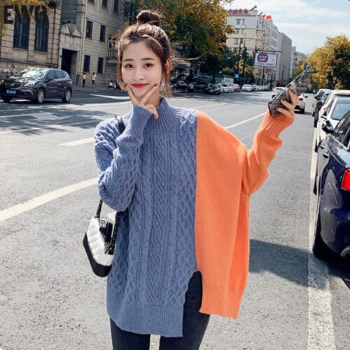 Winter Korean Stand Collar Long Sleeves Split Patchwork Sweater