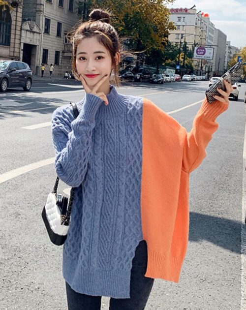 Winter Korean Stand Collar Long Sleeves Split Patchwork Sweater