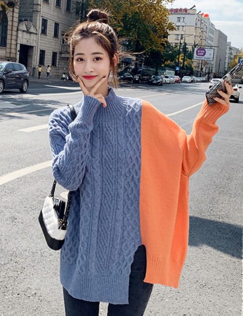 Winter Korean Stand Collar Long Sleeves Split Patchwork Sweater