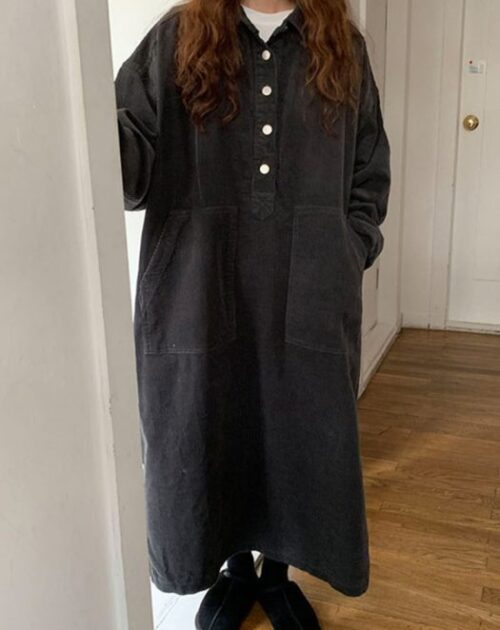 Long Sleeves Corduroy Buttons Large Pockets Maxi Dress