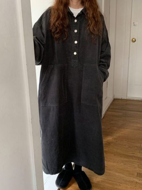 Long Sleeves Corduroy Buttons Large Pockets Maxi Dress