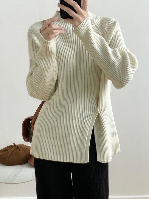 Winter Korean Stand Collar Long Sleeves Split Solid Sweater - Image 4