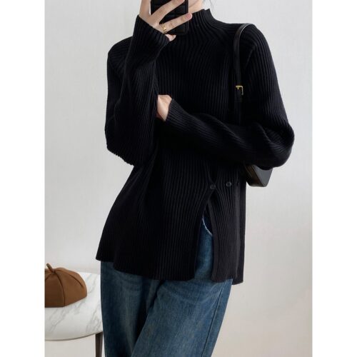 Winter Korean Stand Collar Long Sleeves Split Solid Sweater - Image 7
