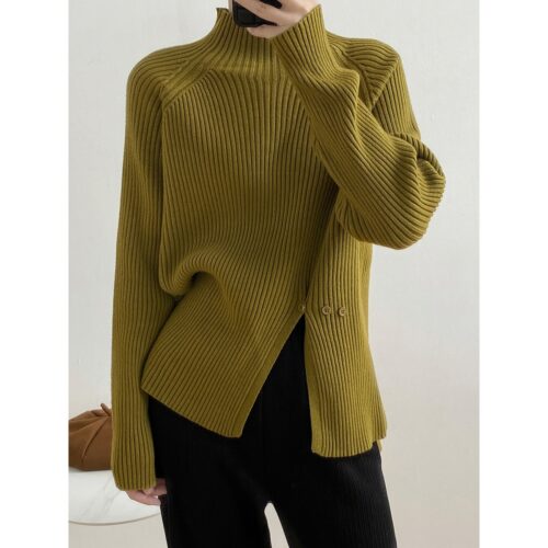 Winter Korean Stand Collar Long Sleeves Split Solid Sweater - Image 2