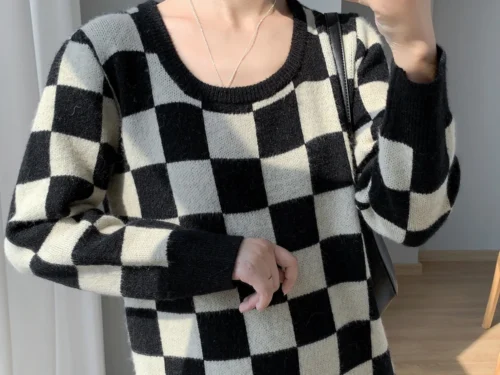 Winter O-neck Long Sleeves Knitted Loose Plaid Dress - Image 3