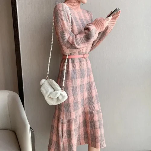 Winter Korean O-Neck Long Sleeves Knitted Thicken Plaid Midi Dress with Belt - Image 4