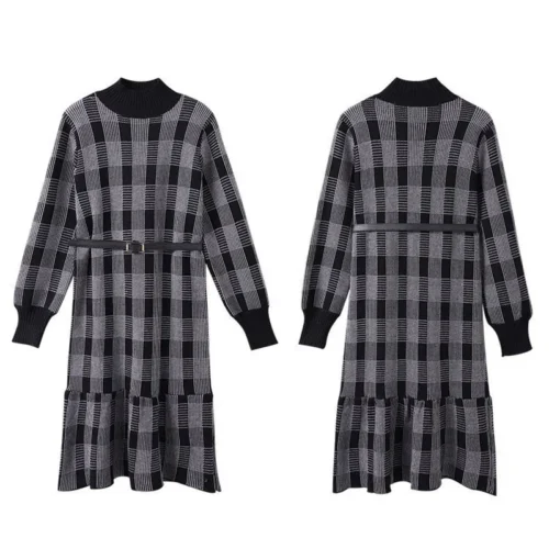 Winter Korean O-Neck Long Sleeves Knitted Thicken Plaid Midi Dress with Belt - Image 5