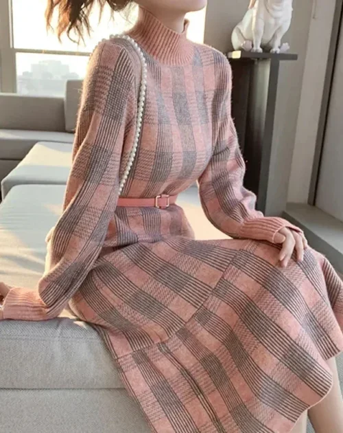 O-Neck Long Sleeves Knitted Thicken Plaid Midi Dress