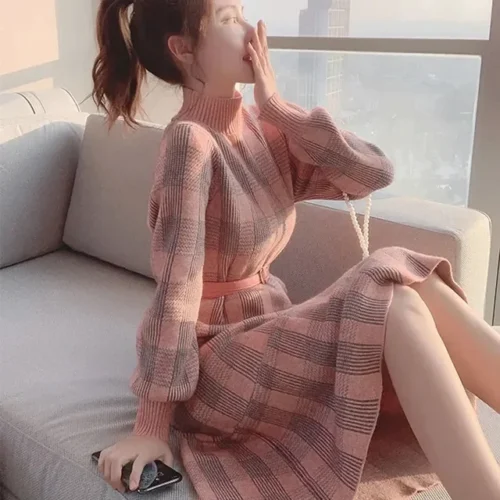 Winter Korean O-Neck Long Sleeves Knitted Thicken Plaid Midi Dress with Belt - Image 3
