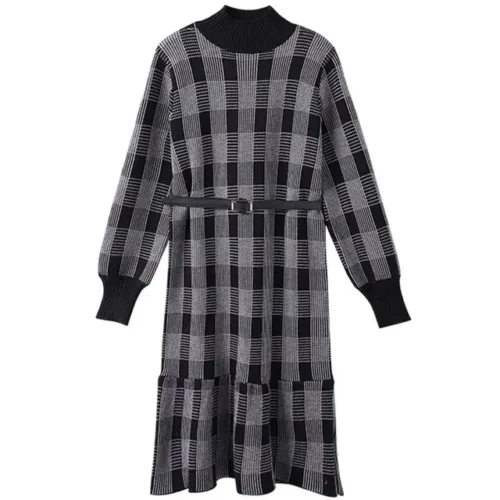 Winter Korean O-Neck Long Sleeves Knitted Thicken Plaid Midi Dress with Belt - Image 7