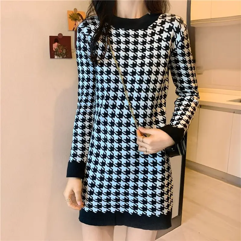 Autumn / Winter O-Neck Long Sleeves Houndstooth Mini Dress - Image 2