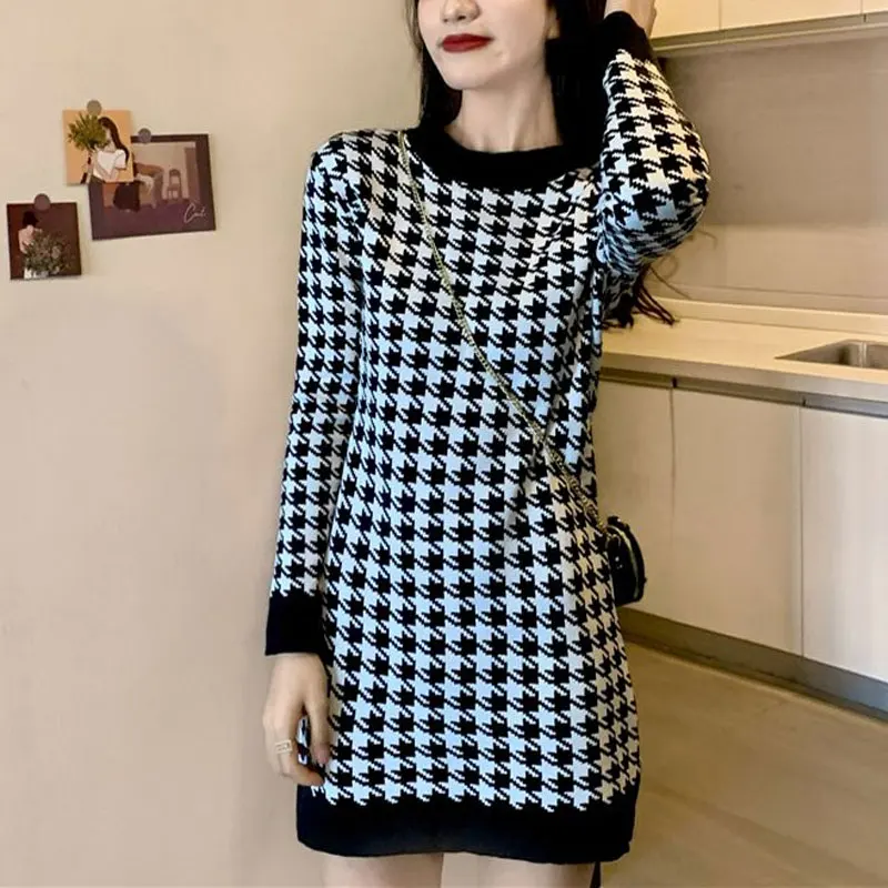 Autumn / Winter O-Neck Long Sleeves Houndstooth Mini Dress - Image 3