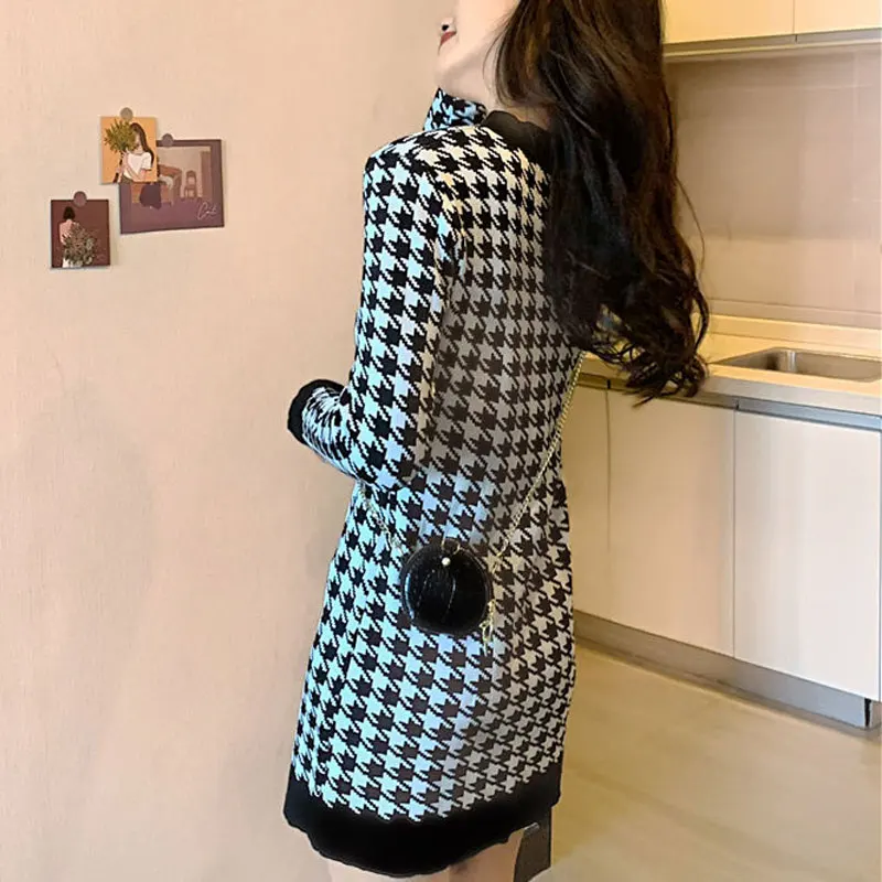 Autumn / Winter O-Neck Long Sleeves Houndstooth Mini Dress - Image 5
