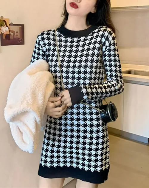Winter O-Neck Long Sleeves Houndstooth Mini Dress
