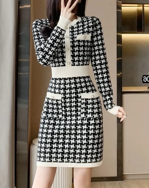 Winter O-Neck Long Sleeves High Waist Houndstooth Patchwork Knitted Dress