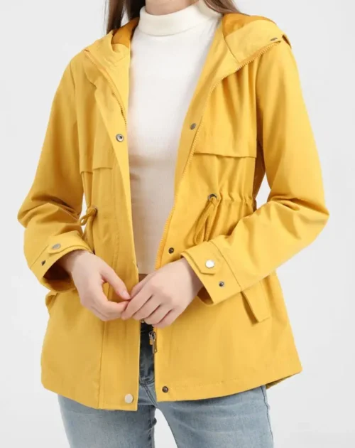 Hooded Back Split Drawstrings Buttons Pockets Zipper Jacket