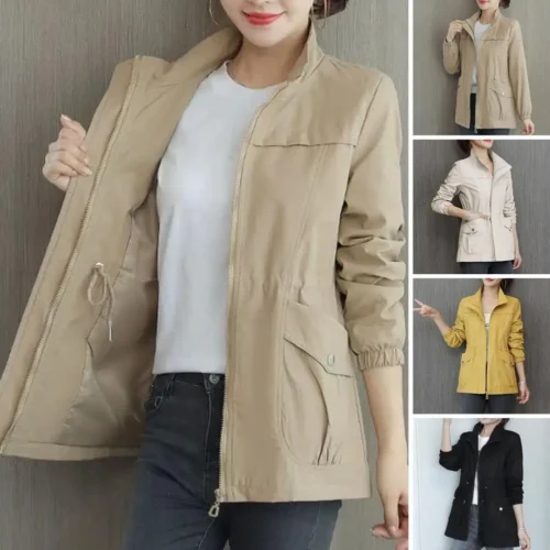 Autumn Stand Collar Drawstrings Buttons Pockets Double Layer Jacket