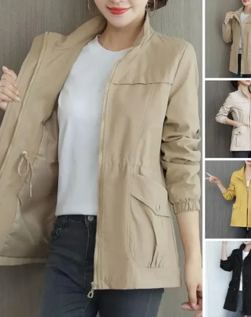 Autumn Stand Collar Drawstrings Buttons Pockets Double Layer Jacket