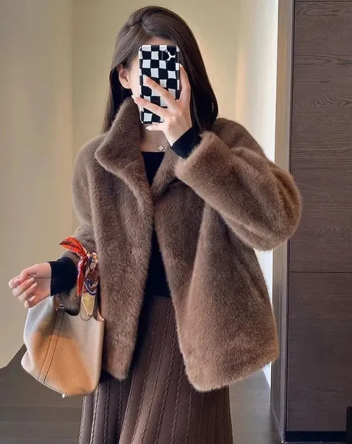 Winter Stand Collar Faux Fur Plush Solid Jacket