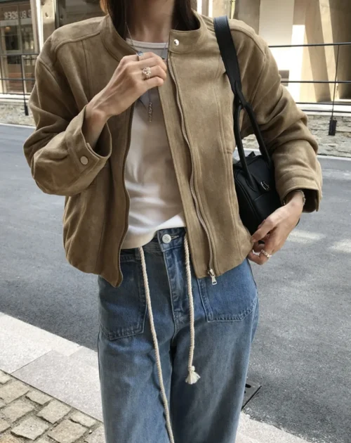 Autumn / Winter  Button-Tab Collar Suede Leather Zipper Jacket