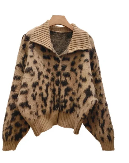 Autumn / Winter Convertible Collar Leopard Print Sweater Jacket