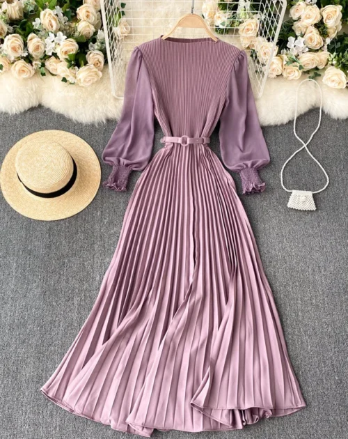 Spring / Autumn O-Neck Long Lantern Sleeves High Waist A-Line Pleated Midi Dress with Belt