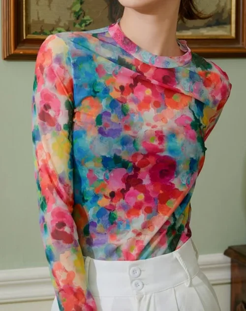 Spring O-Neck Long Sleeves Mesh Floral Print Top