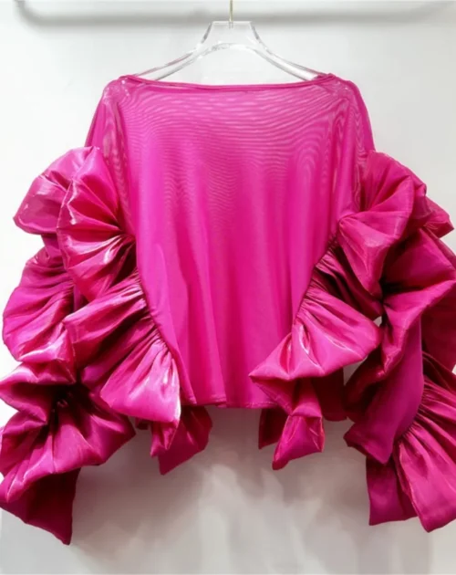 Spring Boat-Neck Long Sleeves Organza Ruffle-Volume Solid Blouse