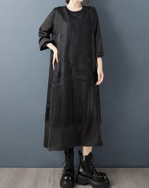 Spring / Autumn O-Neck Long Sleeves Hollow Out Fringe Midi Dress